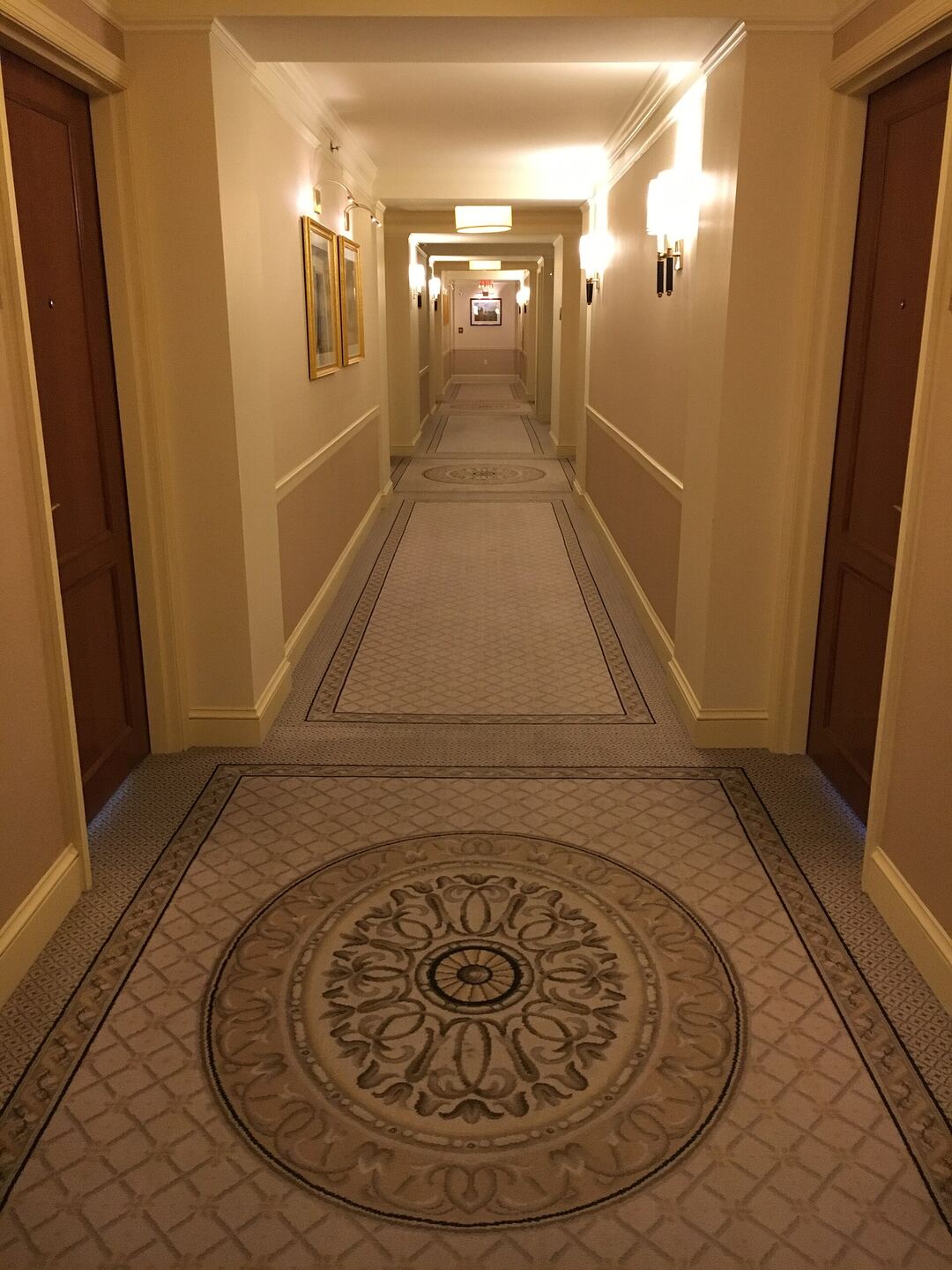 Upscale hotel guest room corridor with timber doors on both sides