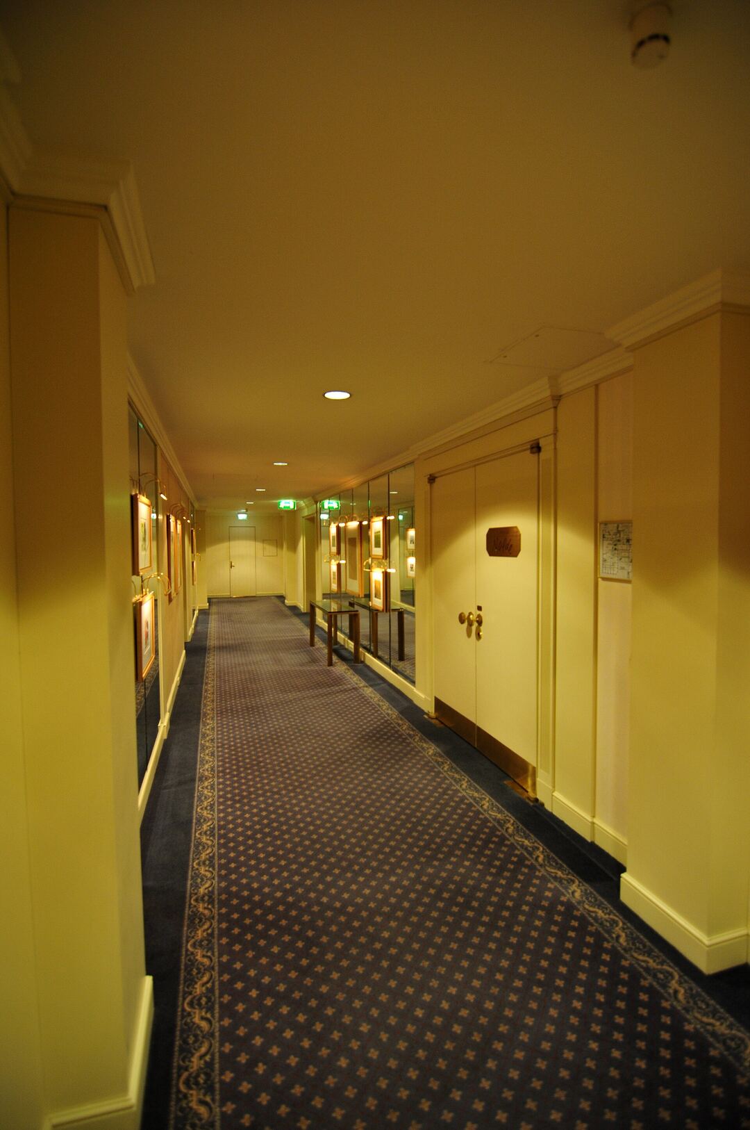 Hotel corridor with cream double doors and brass hardware