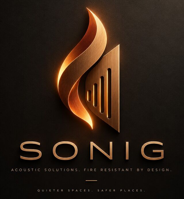 SONIG logo. Acoustic solutions. Fire resistant by design. Quieter spaces. Safer places.